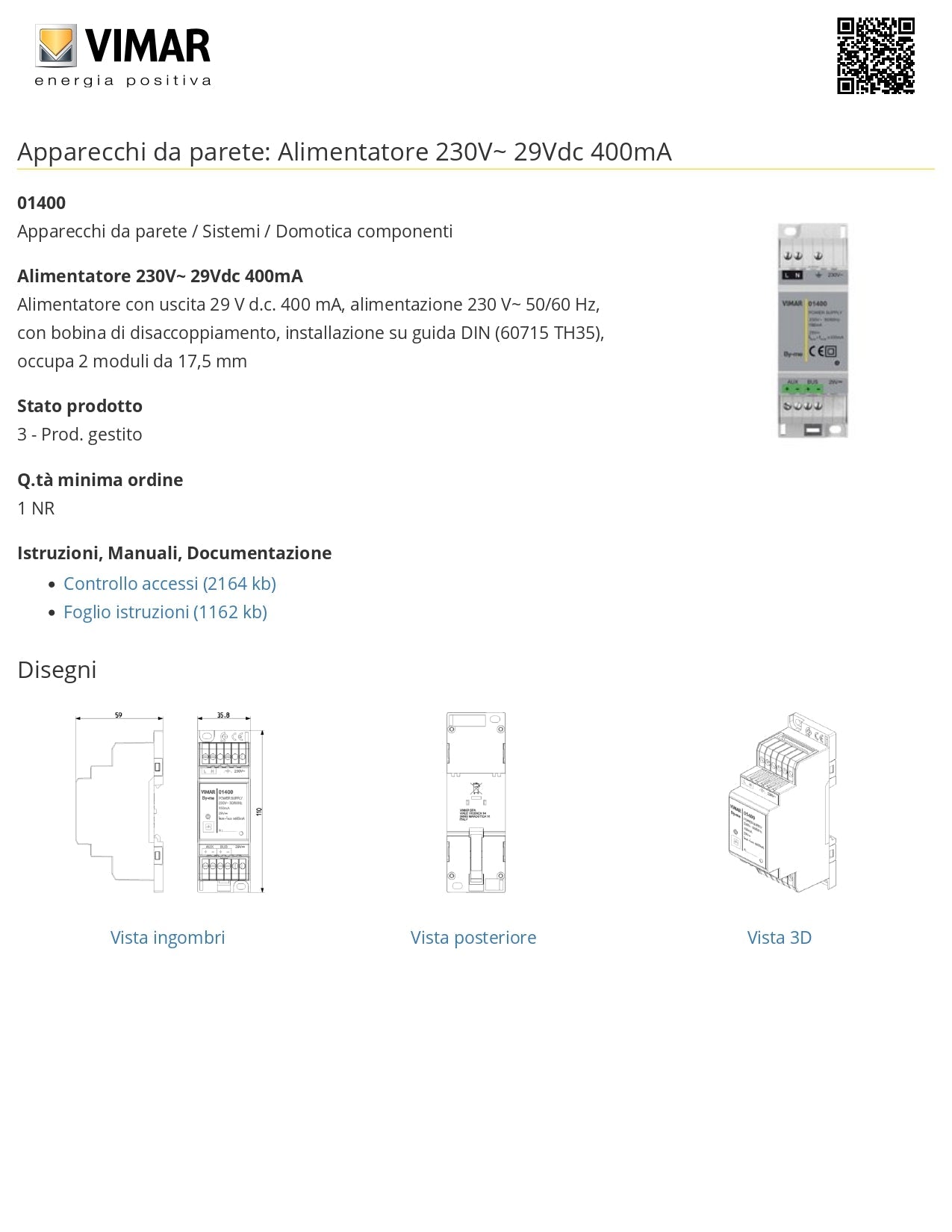 VIMAR   01400   ALIMENTATORE 230VAC USCITA 29VDC 400MA My Store