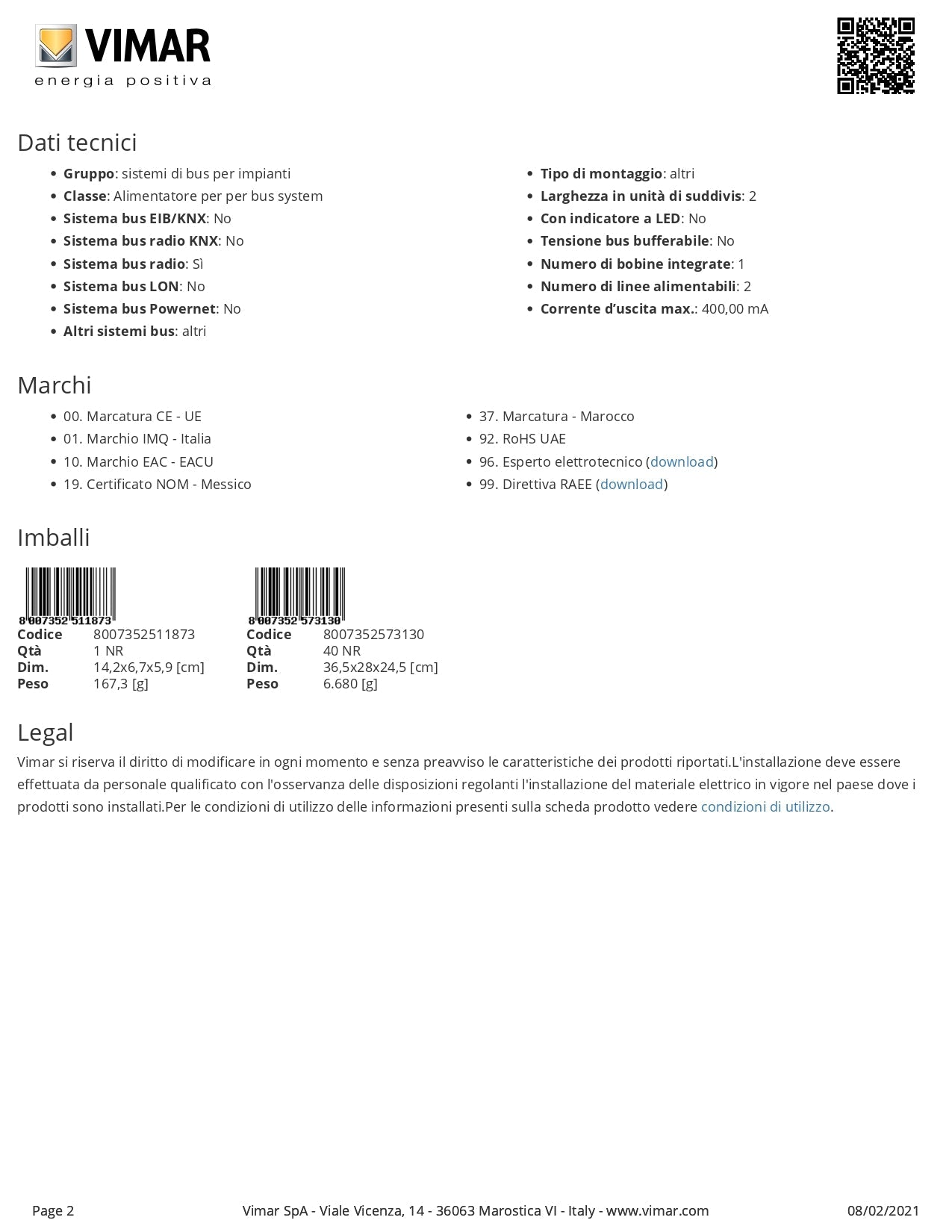 VIMAR   01400   ALIMENTATORE 230VAC USCITA 29VDC 400MA My Store