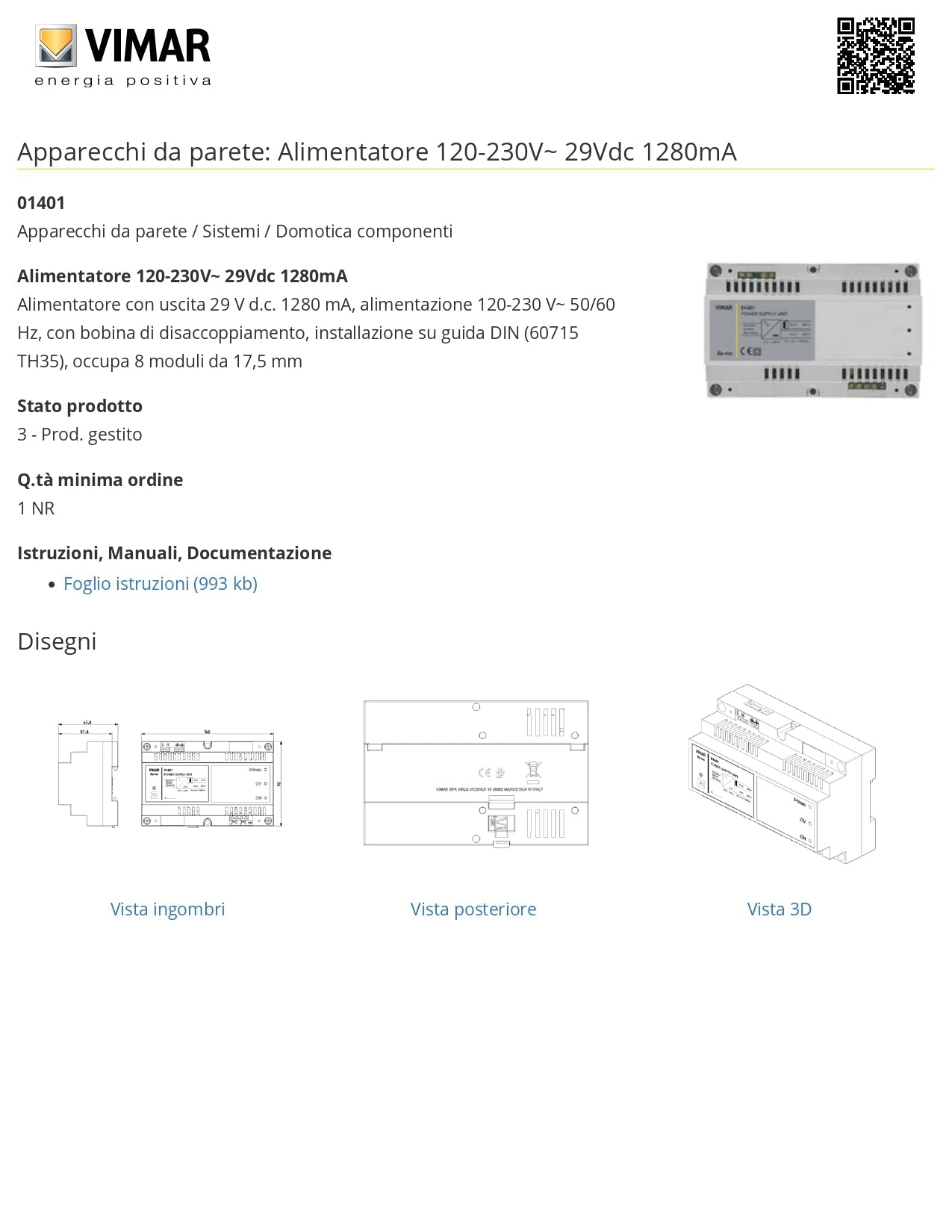 VIMAR   01401    ALIMENTATORE 230VAC USCITA 29VDC 1280MA My Store