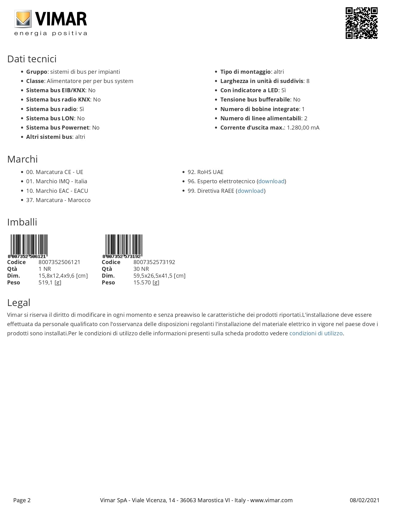 VIMAR   01401    ALIMENTATORE 230VAC USCITA 29VDC 1280MA My Store