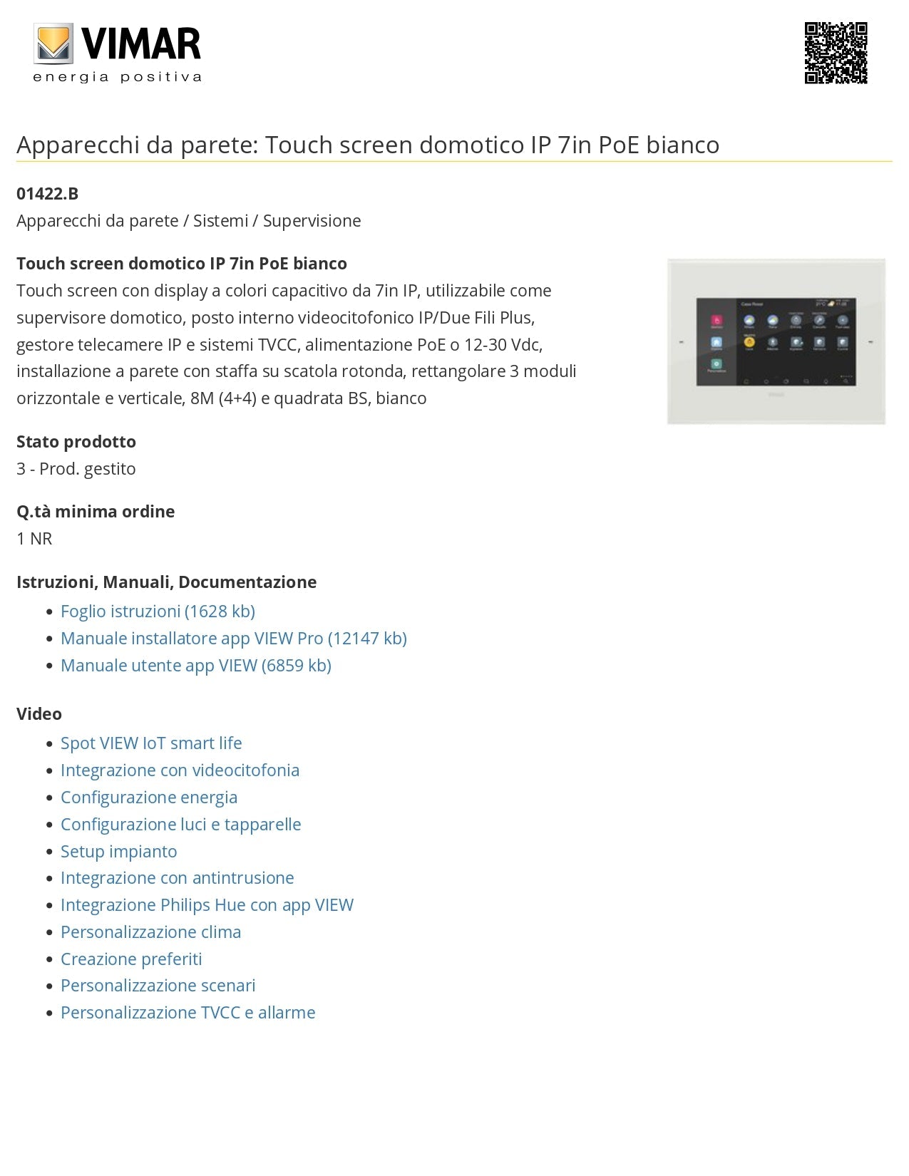 VIMAR 01422.B TOUCH SCREEN CON DISPLAY A COLORI 7 POLLICI My Store