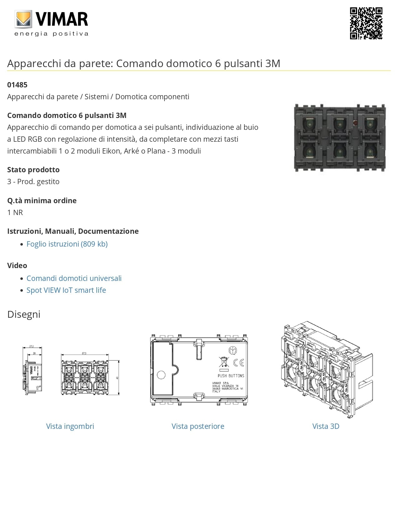 VIMAR  01485    COMANDO DOMOTICO 6 PULSANTI LUMINOSI My Store