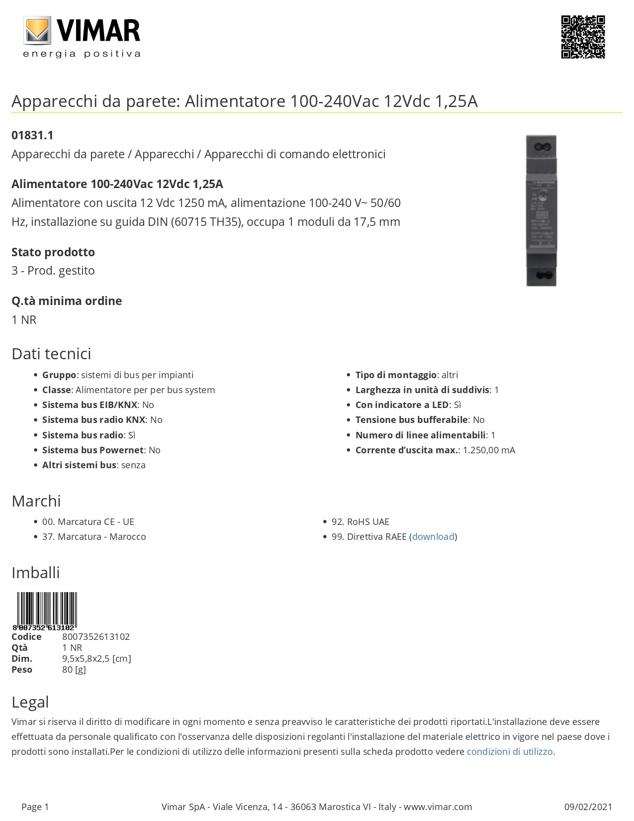VIMAR   01831.1    ALIMENTATORE INGRESSO 100...240VAC USCITA 12VDC My Store