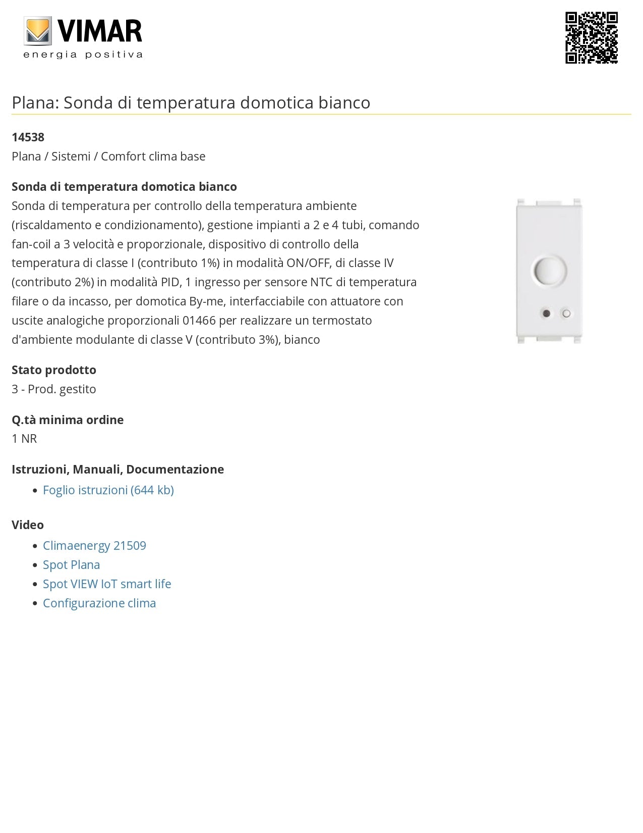 VIMAR  14538    SONDA CONTROLLO TEMPERATURA AMBIENTE BIANCO My Store