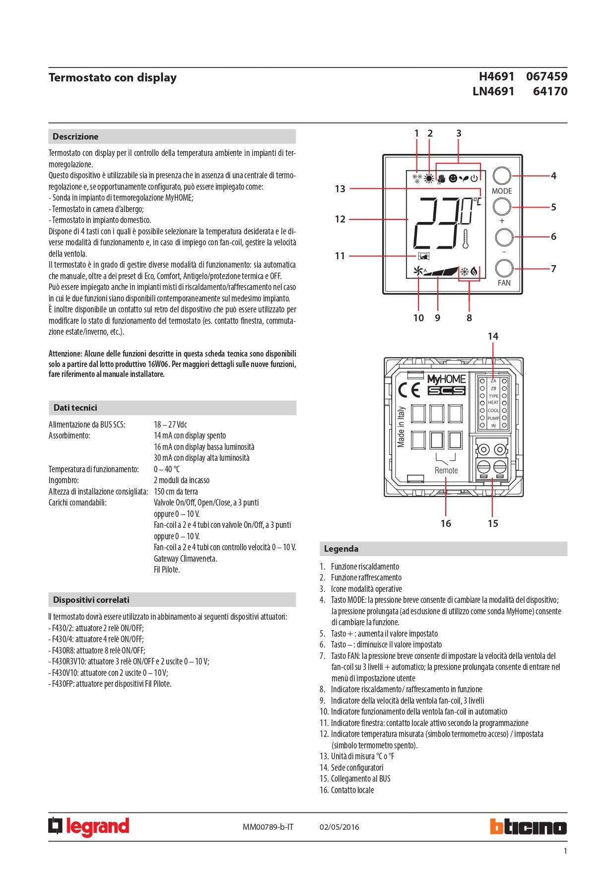 BTICINO   H4691     TERMOSTATO BUS CON DISPLAY My Store