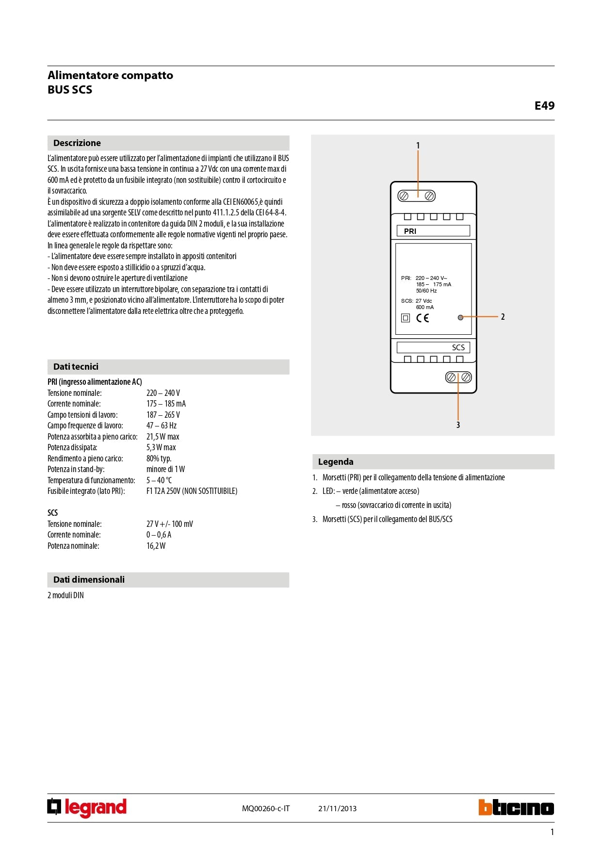 BTICINO    E49    ALIMENTATORE BUS COMPATTO 230VAC 24VDC My Store