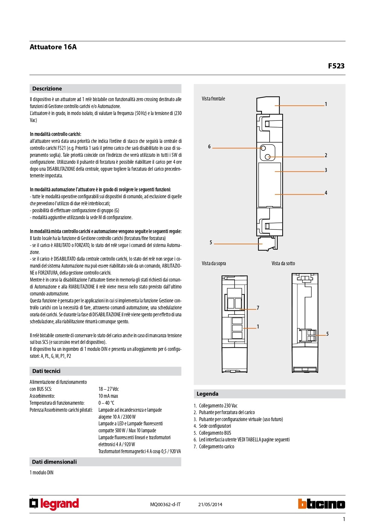 BTICINO   F523    ATTUATORE CONTROLLO CARICHI 1RELE 16A My Store