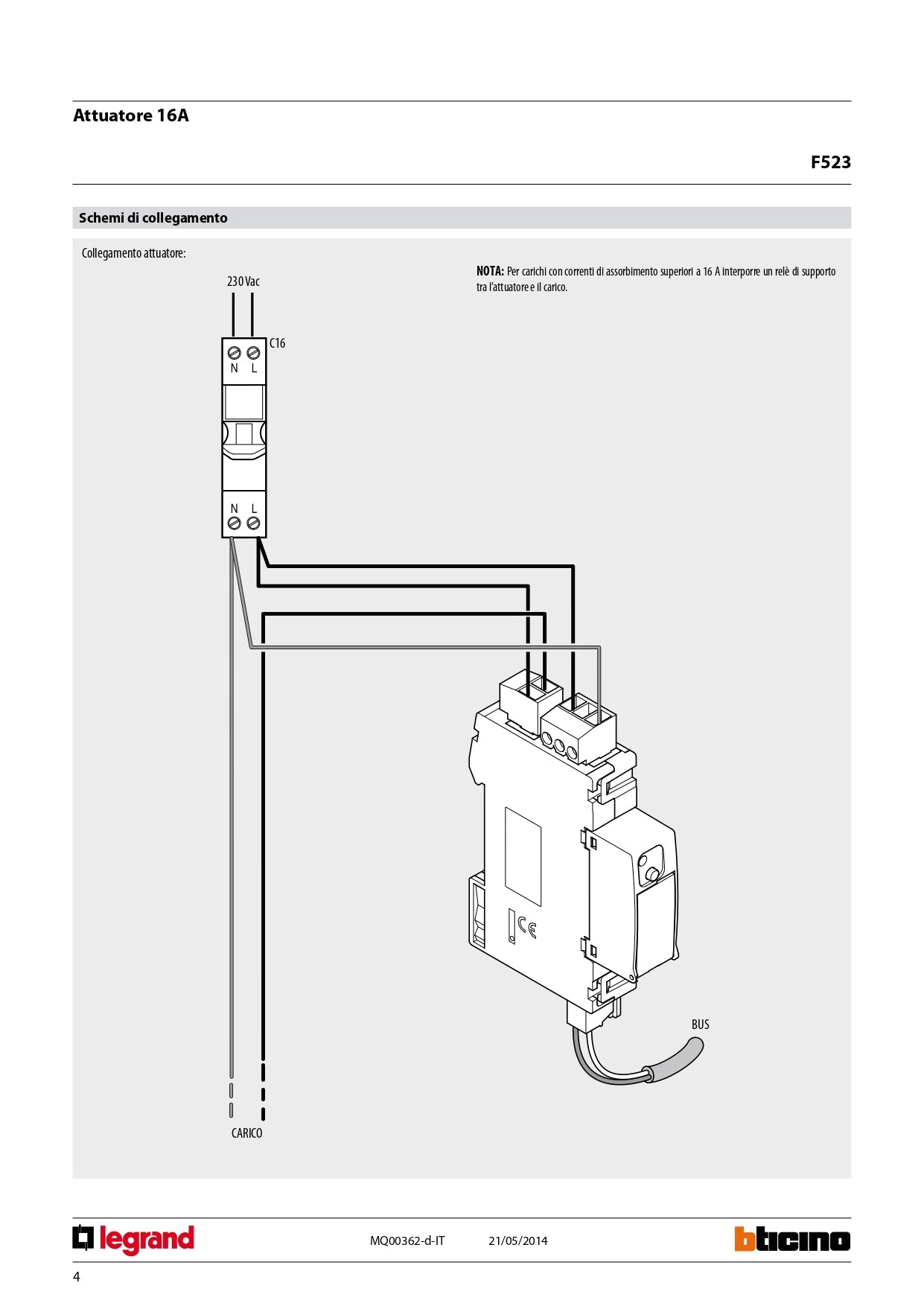 BTICINO   F523    ATTUATORE CONTROLLO CARICHI 1RELE 16A My Store