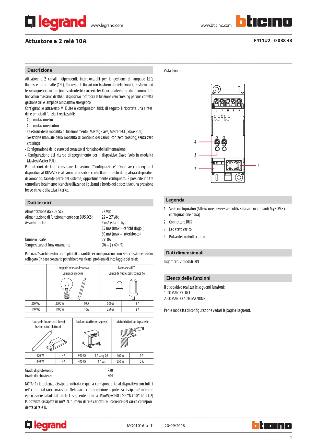 BTICINO   F411U2     ATTUATORE 2 RELE My Store