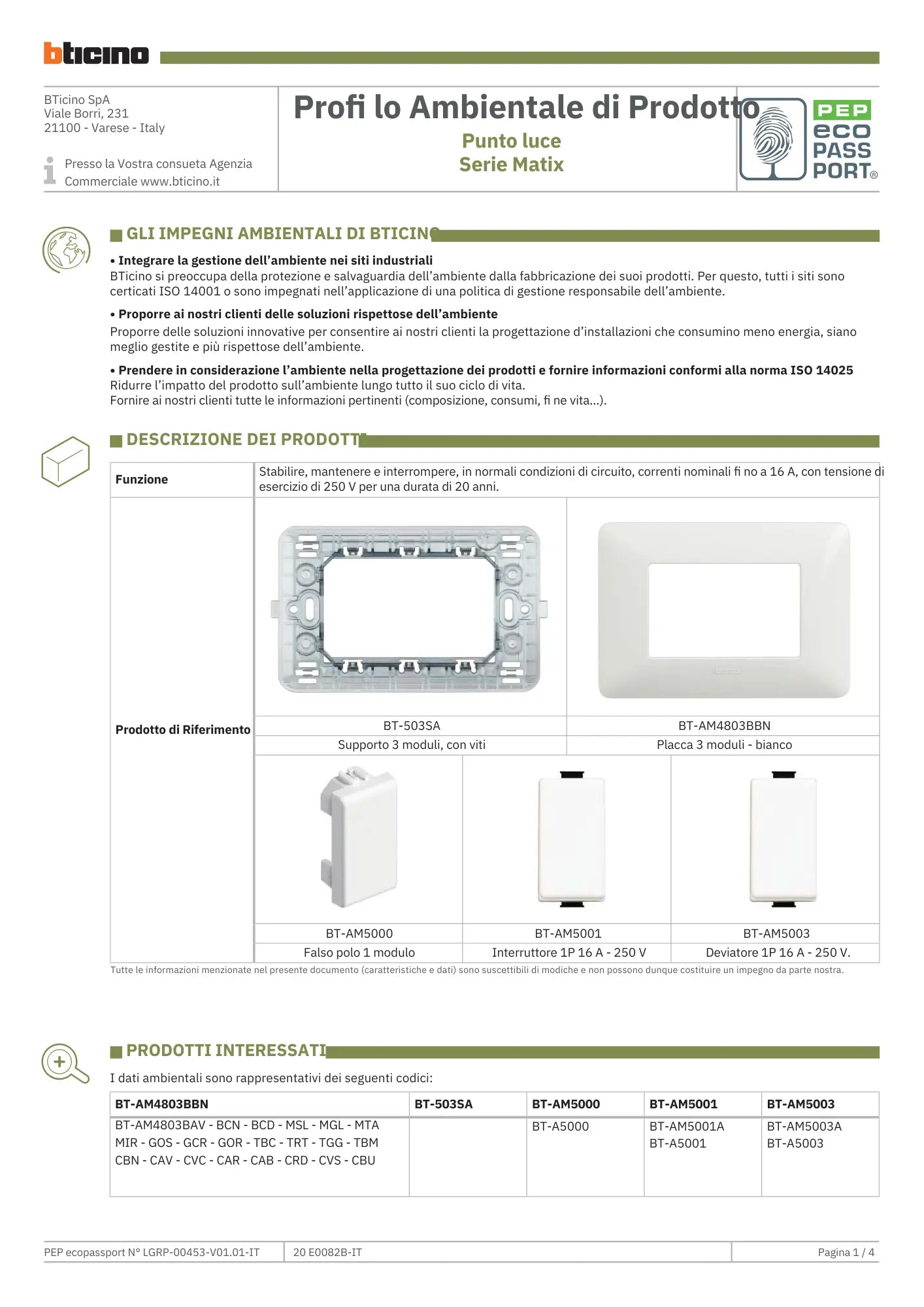 BTICINO  AM5001    INTERRUTTORE 1P 16A BIANCO My Store