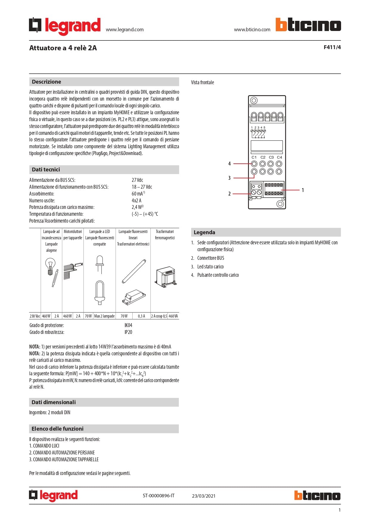 BTICINO    F411/4     ATTUATORE 4 RELE My Store