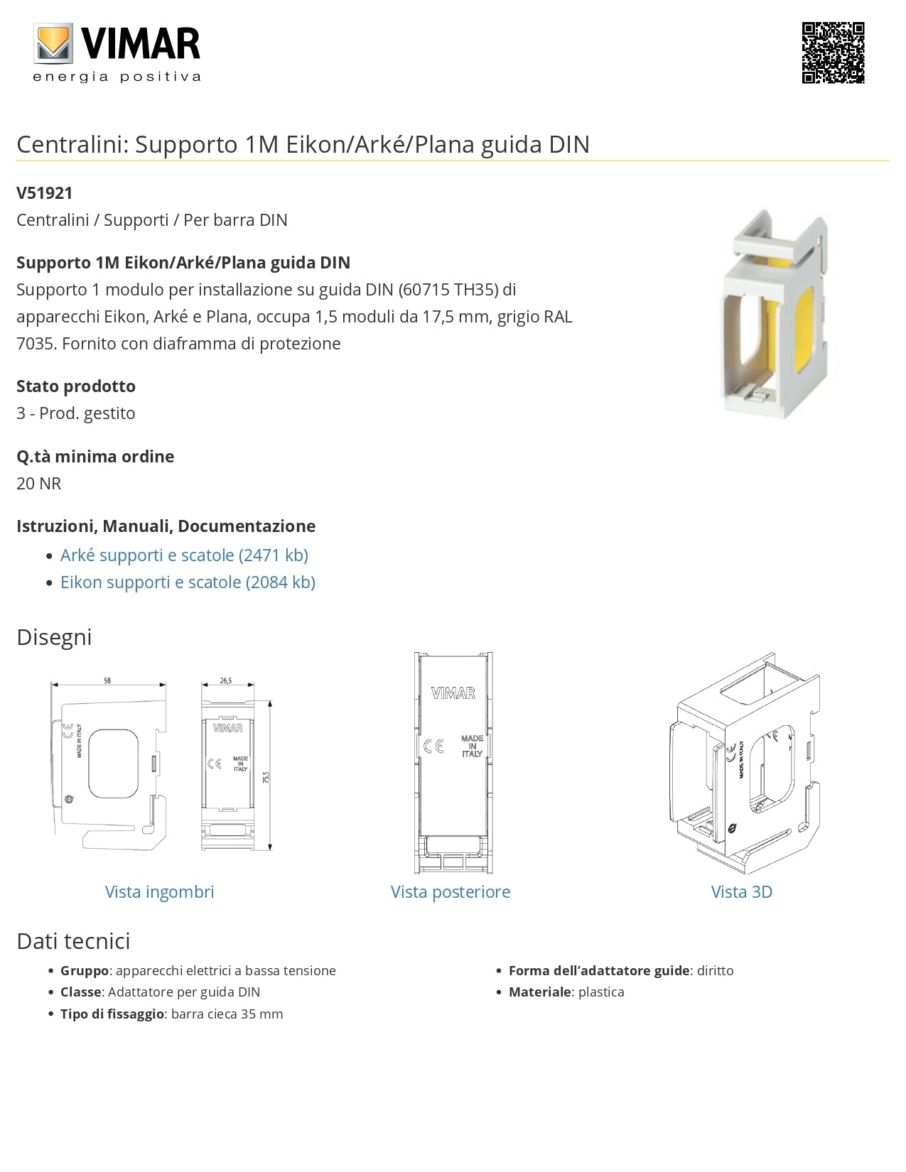 VIMAR    V51921     SUPPORTO 1MOD. ADATTATORE GUIDA DIN My Store